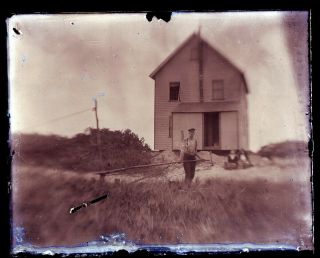 Late 1800s Early 1900s Glass Negative,  Man,  House On Beach