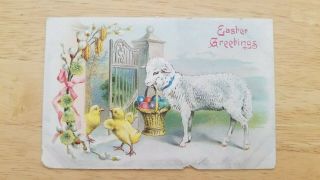 Vintage Postcard Easter Greetings Chicks Sheep Basket Full Of Eggs