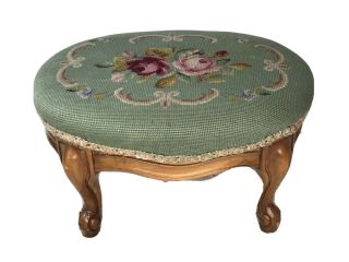 Vintage/antique Oval Needlepoint Footstool Carved Wood Victorian Flowers