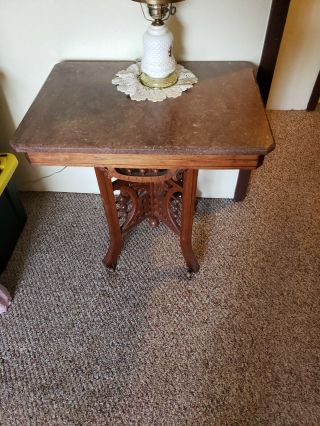 Antique French Style??? Area Table Marble Top.  Wood Rollers Ornate
