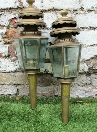 Antique Victorian Fine Brass Etched Glass Carriage Coaching Car Lamps