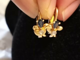 Vintage 1/20 14k Yellow Gold Diamonds And Blue Sapphire Clip On Earrings