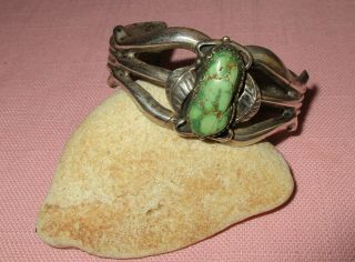 Vintage Early American Indian Navajo Old Pawn Silver Turquoise Bracelet Sandcast 2