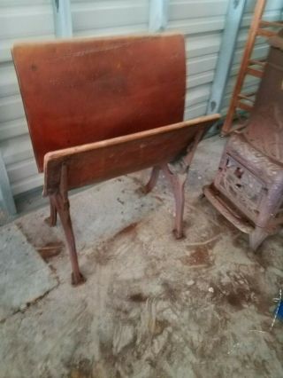 Antique Child ' s School Desk Oak Wood & Cast Iron BENCH ONLY 2