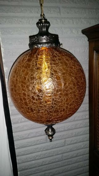 Vintage Crackle Amber Glass And Brass Hanging Swag Lamp With Diffuser Rare