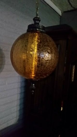 Vintage Crackle Amber Glass and Brass Hanging Swag Lamp With Diffuser Rare 2