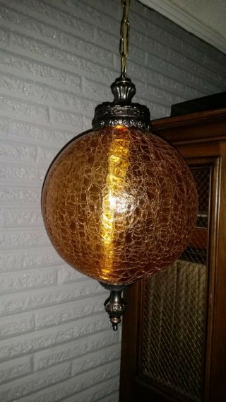 Vintage Crackle Amber Glass and Brass Hanging Swag Lamp With Diffuser Rare 3