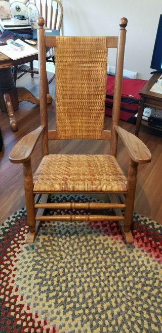 Vintage Oak Wood Rocking Chair With Wicker Seat & Back.