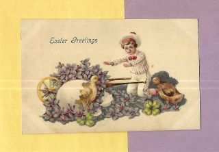 Adorable Boy Watches Hatching Chick On Colorful Vintage Easter Postcard