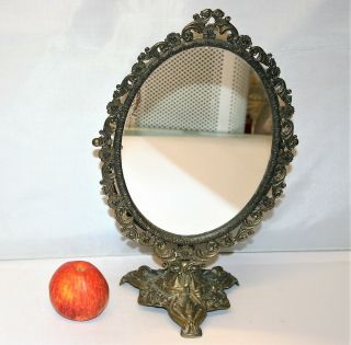 Vintage Brass Cheval Dressing Table Mirror Ornate Flowers And Dolphins Frame 15 "