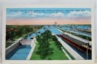 Michigan Mi St Ignace Sault Ste Marie International Bridge Locks Postcard Old Pc