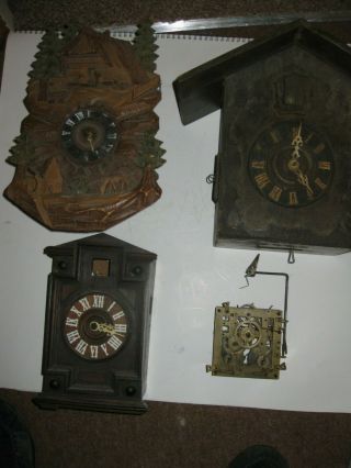 3 Very Old Cuckoo Clocks And A Movement.