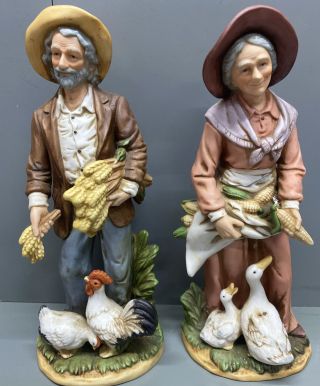 Vintage Homco Home Interior Figurines Old Man & Woman 1477 Chickens Ducks