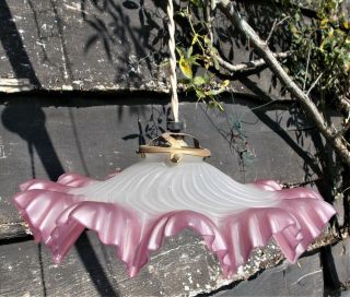 Antique French Opaline Ceiling Light Shade,  Pink Cranberry White Ruffled Glass