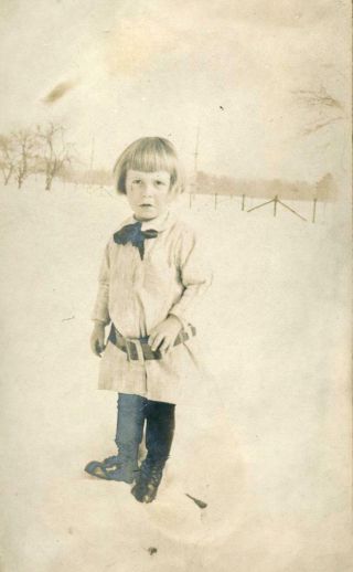 K608 Vtg Photo Cute Little Belt Buckled Girl In The Snow C Early 1900 