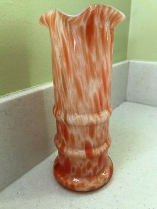Vintage Glass Vase White And Orange Drip Design With Ruffle Top