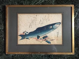 Vintage Utagawa Hiroshige Bora Fish With Camellia Japanese Woodblock Print