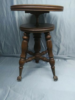 Vintage Adjustable Piano Stool With Cast Iron And Glass Ball Claw Feet