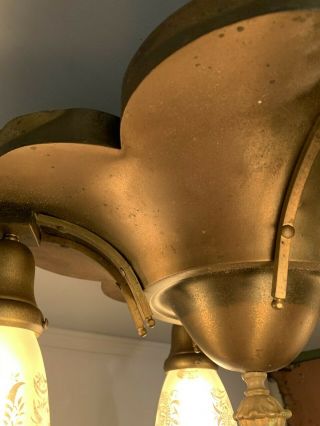 Antique vtg Arts & Crafts ? brass light fixture w/ Vianne shades rewired 3