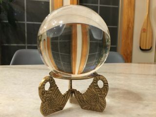 Vintage 4.  75 " Crystal Ball On Ornate,  Metal,  Brass,  Swan Tripod Stand