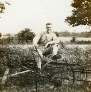Yn151 Vtg Photo Man Sitting On Farm Equipment,  Plow,  Hay Rake C 1947
