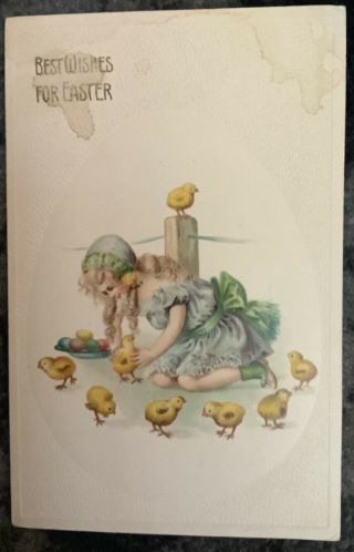 Vintage Easter Postcard Girl In Dress Playing With Chicks Egg