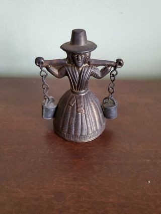 Antique Vintage Brass Metal Lady With Water Buckets Figural Bell 2 - 3/4 "