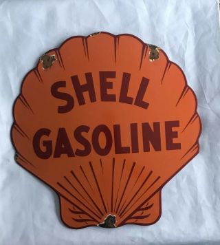 Vintage 1930’s Shell Gasoline 18” Porcelain Sign Car Truck Oil Gas