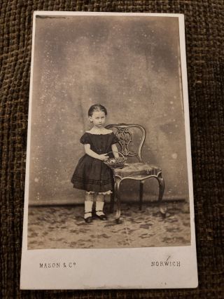 Victorian Cdv Photo Little Girl W/ Basket And Chair - Norwich