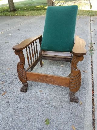 Antique Morris Chair Carved Oak Lion Face & Feet Carving For Restoration
