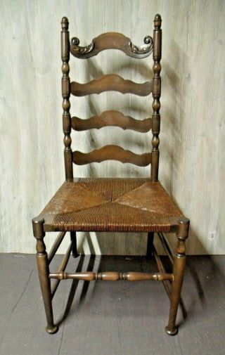 Vtg Antique Karpen Colonial Ladderback Chair With Rush Seat Look