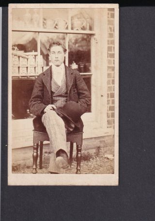 Cdv - Young Man In Front Of A Shop - Plain On Reverse