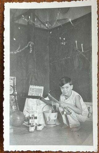 Darling Boy W/ Toy Gun & Saxophone By Christmas Tree Vintage Photo