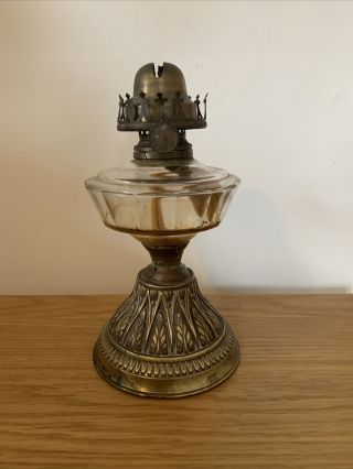 Victorian Oil Lamp Clear Cut Glass On Ornate Brass Base
