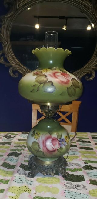 Hurricane Lamp 3 Way Green Roses Vintage Antique Gone With The Wind.