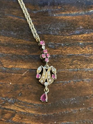 Antique Victorian 14k Gold Diamond & Ruby Pendant Chain Necklace - 18” - 2.  3g