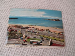 Vintage Colour Rp Postcard " The Promenade,  St.  Helier,  Showing Elizabeth Castle