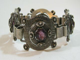 Early Vintage Mexican Silver & Amethyst Bracelet Extraordinary Ornate Design