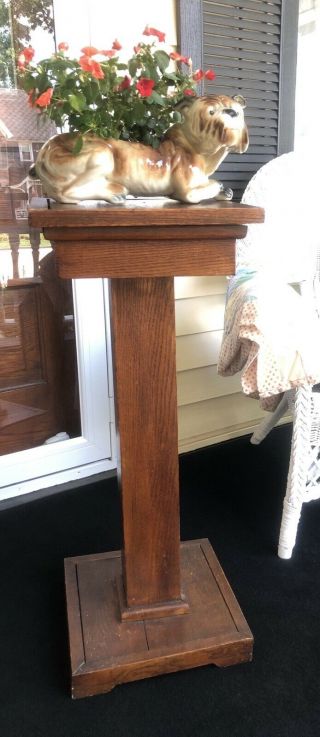 Antique Oak Wood Pedestal Plant Stand Square Craftsman Mission Style 32” Tall