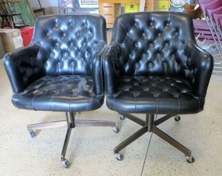 Set Of 2 Black Leather? Tufted Office Chairs On Wheels By Taylor Chair Co Ohio