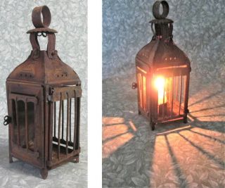 Authentic Antique French C1880 Small Tin Cage Candle Lantern Hang/stand Lamp