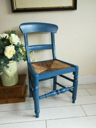 Antique Victorian Oxford Bar Back Chair Farmhouse Bedroom Hall Seagrass Blue