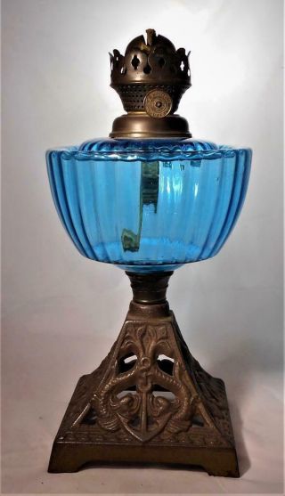 Victorian Blue Glass Reservoir And Brass Base Oil Lamp With Chimney Gift