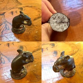 Antique Signed W.  R.  L.  Bronze Sculpture Mouse With Nut 1.  5” Tall