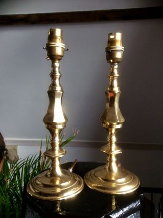 Pair Vintage Old Solid Brass Candlesticks Table Lamp,  Bedside Light,  Tall,  Upcycled