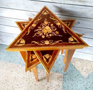 3 Vintage Mid Century Triangle Stacking End Tables Floral Inlaid Marquetry Tops