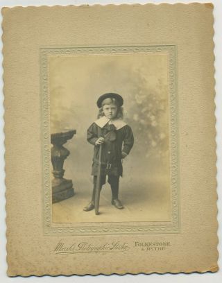 Edwardian Long Haired Boy Holding Cricket Bat Antique Cabinet Photograph C6