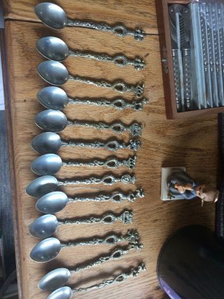 Vintage Antique Small Collectble Set Of 13 Brass Ornate Spoons Made Italy