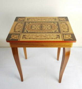 Vintage Italian Inlaid Wood Marquetry Musical Side Sewing Storage Table