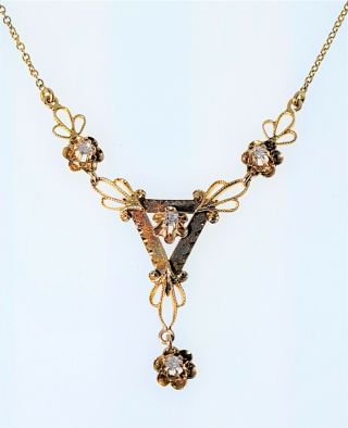 Antique Victorian 10k Gold 4 Mine Cut Diamond Festoon/ Lavalier Necklace